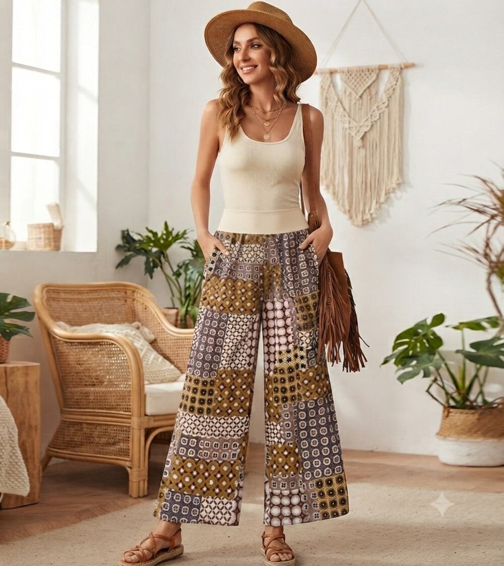 Drew Bohemian Retro Tile 70s Style Patchwork Festival Print Wide Leg Pants M